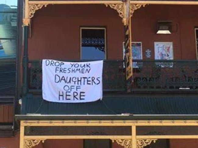 The sexist banners hung from the balconies of the Brass Monkey Hotel in Perth sparked a public backlash. Picture: Facebook/Sam Lara