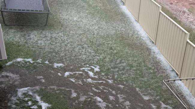Tamworth backyards blanketed in white thanks to the storm cell's heavy hail. Picture: Chris Burton