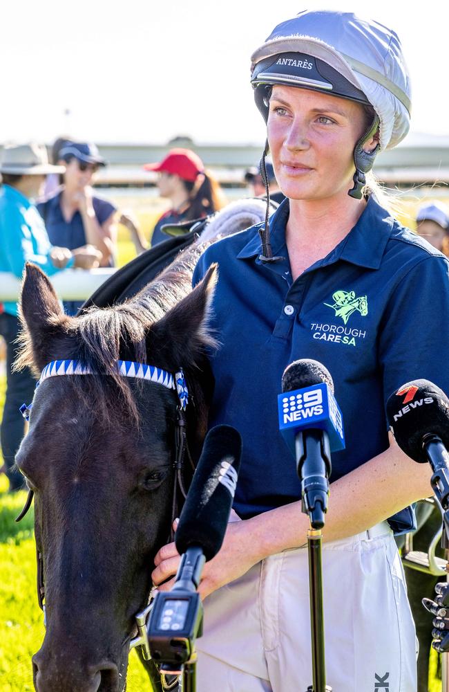 Jockey Jamie Kah gives a press conference at Morphettville Racecourse. Picture: Russell Millard Photography