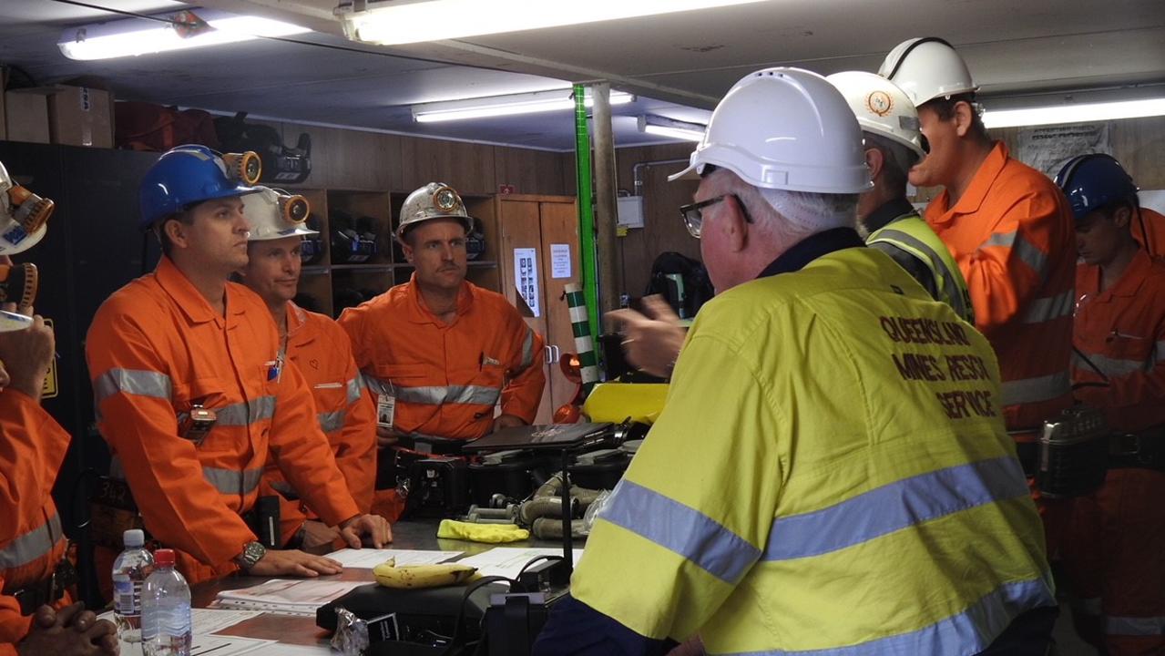 Workers prepare to re-enter Zone 1 of the North Goonyella underground coal mine for the first time in 10 months.