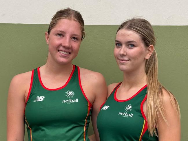 Cavaliers defender and under-17 state captain Grace Ebbelaar with vice skipper Olivia Bender. Picture: Netball Tasmania