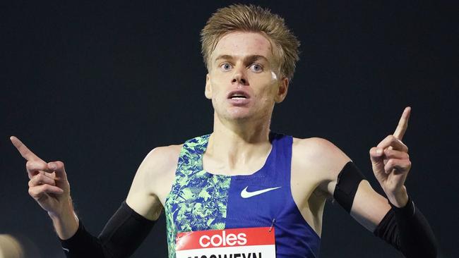 Stewart McSweyn wins the Mens 5000m race during the Melbourne Track Classic on Thursday night. Picture: AAP