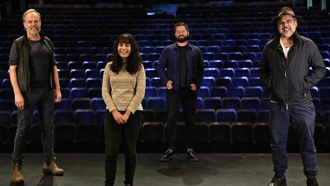 Hugo Weaving, Wonnangatta director Jessica Arthur, Sydney Theatre Company Artistic Director Kip Williams and Wayne Blair on stage at Roslyn Packer Theatre, Sydney. Picture: Prudence Upton.