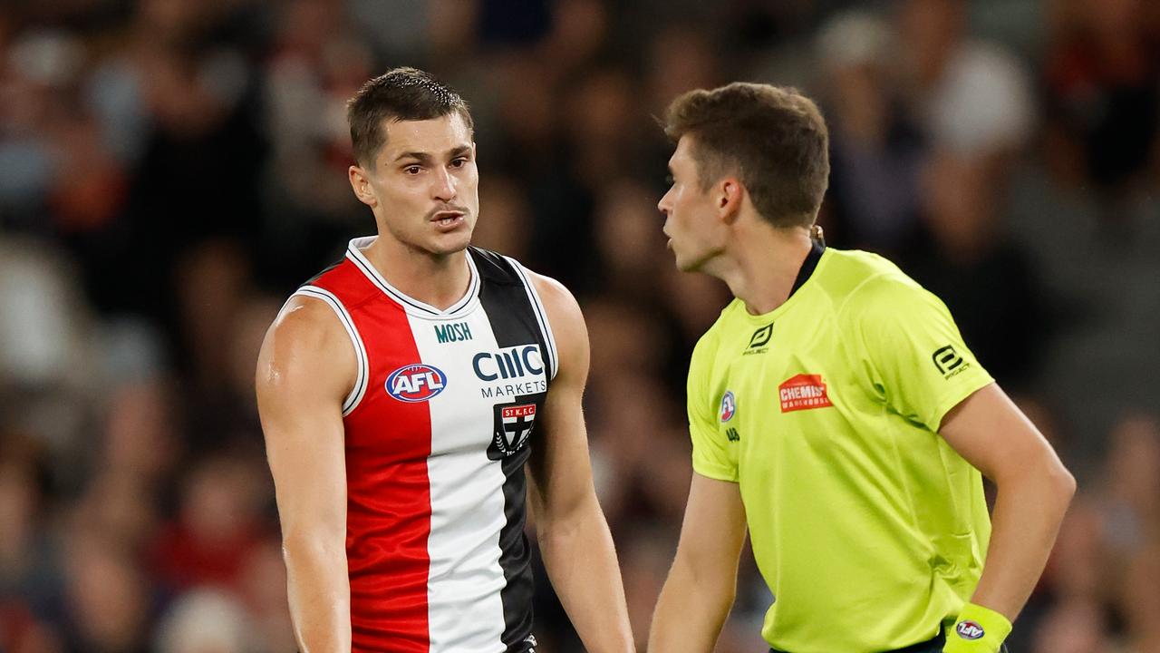 Jack Steele wasn't happy with the call. Photo by Michael Willson/AFL Photos via Getty Images