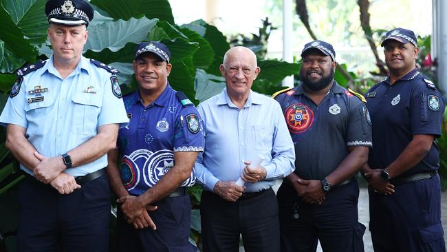 Cairns Regional Council is working with Cairns Police to introduce frequent patrols of police liaison officers Pictured are Supt Chris Hodgman, Police Liaison Officer Tony Bani, Cairns Mayor Bob Manning, Police Liaison Officer Joseph Banu and Acting Sergeant Chris Mosby at the council chambers. Picture: Brendan Radke.