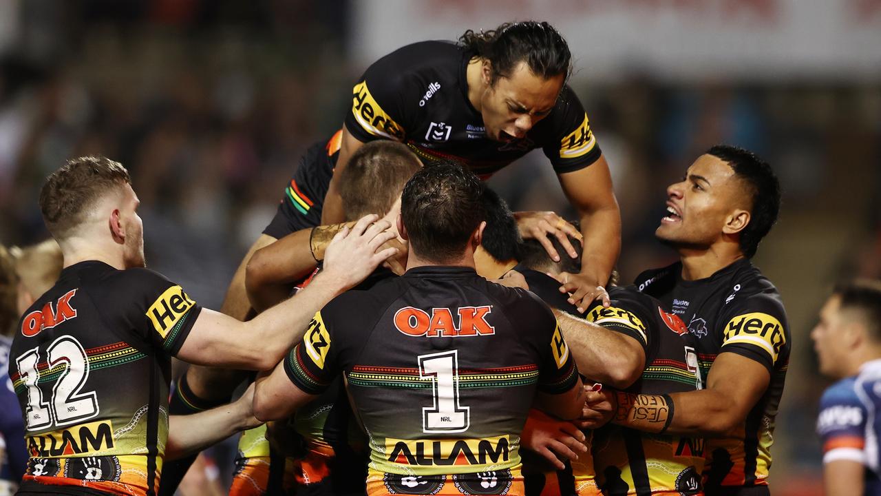 Jarome Luai celebrates a try with his teammates. Picture: Matt Blyth/Getty Images