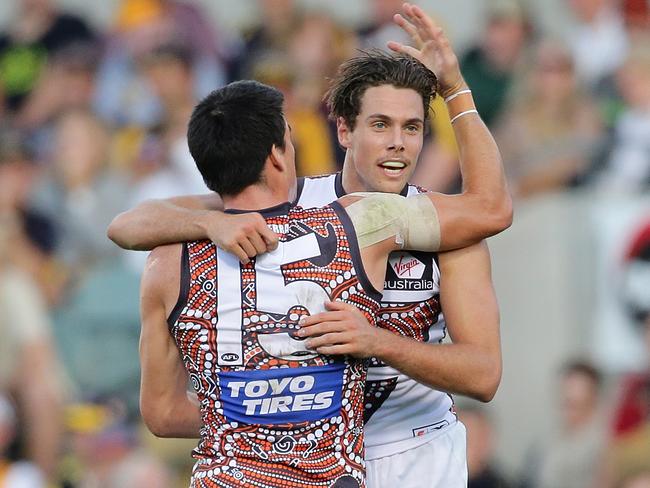 Josh Kelly celebrates a goal in the win over the Eagles.