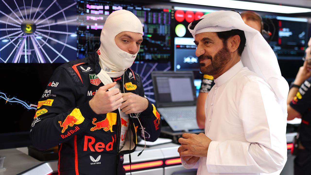 Red Bull driver Max Verstappen with FIA president Mohammed ben Sulayem, who apparently doesn’t like bad language. Picture: Getty Images