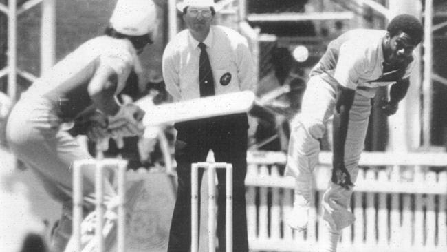 Michael Holding charges in during a game in Perth.