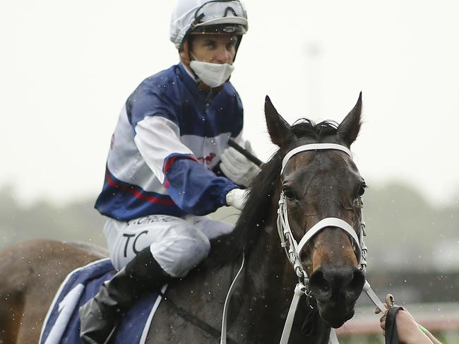 SYDNEY, AUSTRALIA - SEPTEMBER 18: Tim Clark on Atishu returns to scale after winning race  5 the Bill Ritchie Handicap during Sydney Racing at Royal Randwick Racecourse on September 18, 2021 in Sydney, Australia. (Photo by Mark Evans/Getty Images)