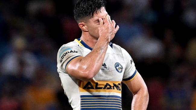 BRISBANE, AUSTRALIA - MAY 15: Dylan Brown of the Eels looks dejected after his team loses the round 10 NRL match between the Sydney Roosters and the Parramatta Eels at Suncorp Stadium, on May 15, 2022, in Brisbane, Australia. (Photo by Bradley Kanaris/Getty Images)