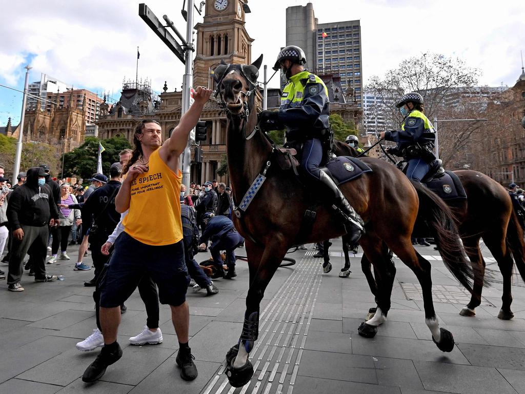 Kristian Pulkownik was arrested following Sydney’s anti-lockdown rally. Picture: Steven Saphore/AFP.