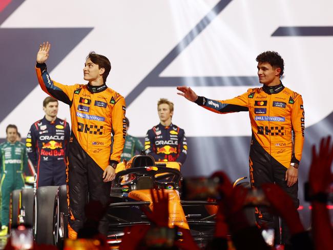 Piastri and Lando Norris during F1 75 Live at The O2 Arena in London, England. Picture: Sam Bloxham