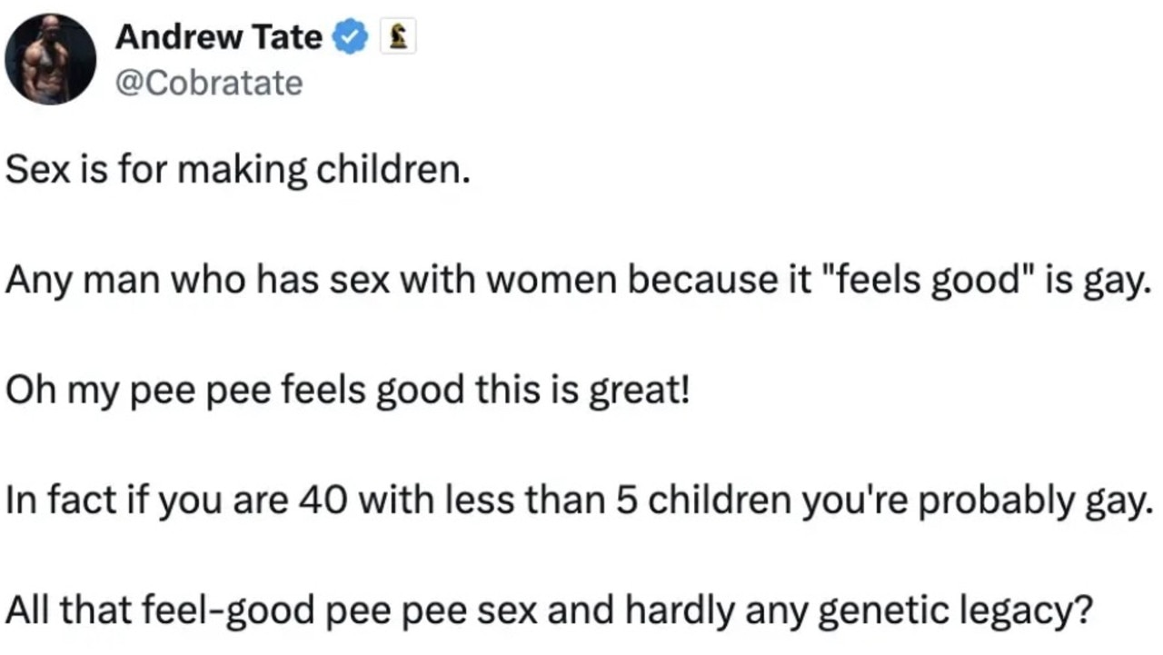 Self-proclaimed misogynist influencer Andrew Tate has been ruthlessly mocked online after another one of his rage-bait posts claimed sex with women is “gay”.