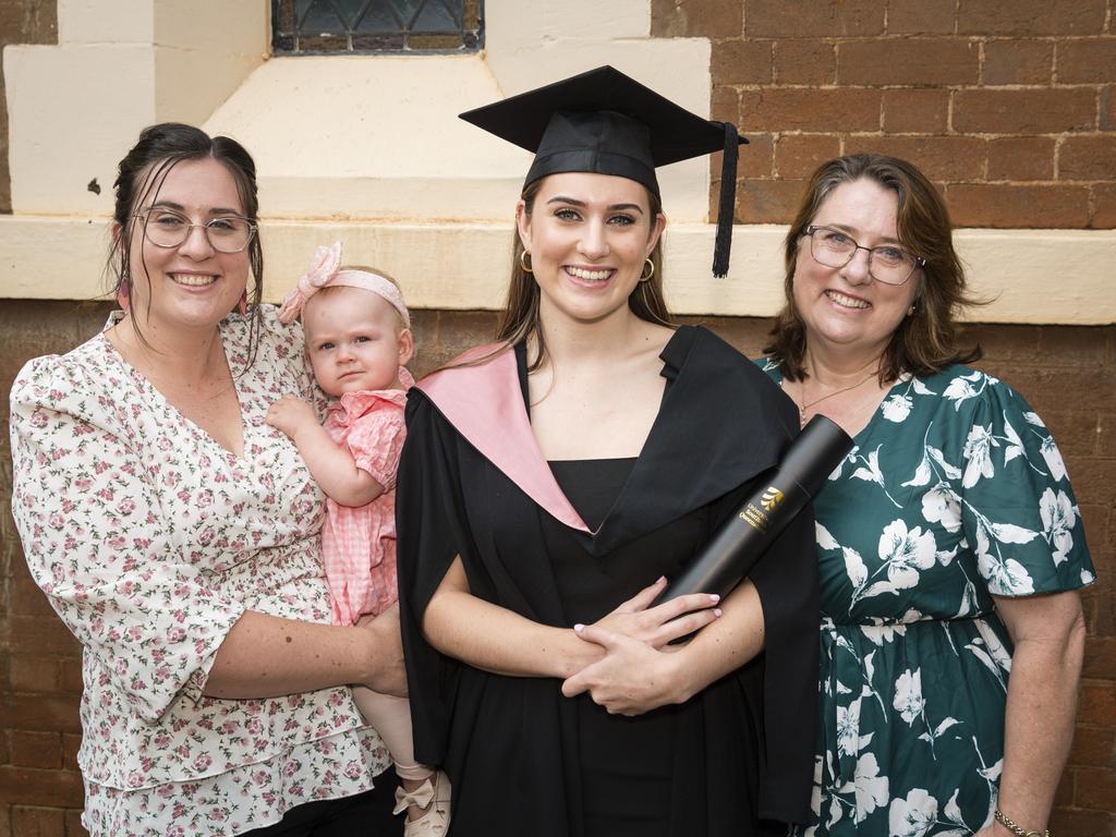 Bachelor of Education (Primary) with distinction graduate Amy Noller with family Jacinta Hensel, Evelyn Hensel and Karen Klinge at a UniSQ graduation ceremony at Empire Theatres, Wednesday, February 14, 2024. Picture: Kevin Farmer