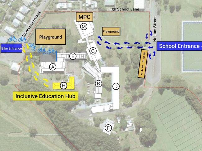 Map of Murwillumbah High School showing the new entrance on Nullum St, Murwillumbah.