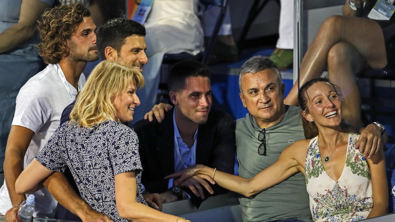 Novak's mother Dijana, Novak Djokovic, Novak's brother Djordje, Novak's father Srdjan and Novak's wife Jelena.