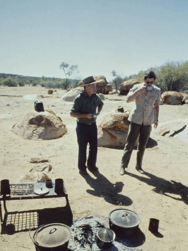 Australian sheep farmer and local politician Jim Price with Prince Charles, during the Prince's visit to the Coodardy sheep station in Murchison, Australia, March 1979. Picture: Keystone/Hulton Archive/Getty Images