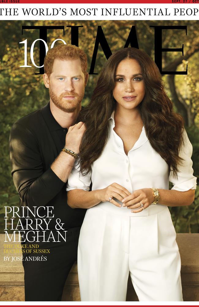 Harry and Meghan on the cover of Time magazine’s most influential people issue. The couple was criticised for their overly-airbrushed appearance. Picture: Pari Dukovic for TIME