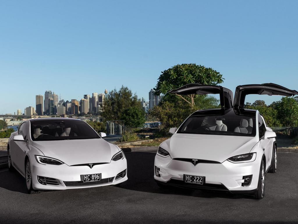 Two of the fleet of eight Tesla limousines that have clocked up more than 1 million kilometres combined. Picture: Supplied.