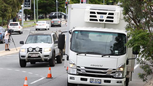 The truck that had allegedly hit Evelyn while in the pram crossing the road with her mother Tori on April 18. Photo: David Clark