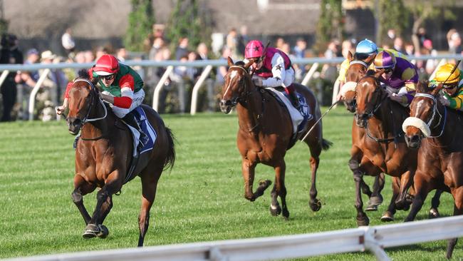 Amelia’s Jewel and Damian Lane take control in the Let's Elope Stakes. Picture: George Sal-Racing Photos via Getty Images