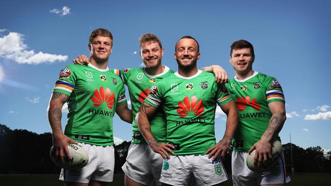 HOLD DO NOT USE WITHOUT PERMISSION FROM JAMES SILVER DAILY TELEGRAPH SPORTS EDITOR -Canberra Raiders Ryan Sutton, Elliott Whitehead, Josh Hodgson, and John Bateman pose for a portrait at Raiders headquarters in Canberra. Picture: Brett Costello