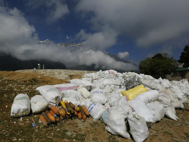 Sacks of garbage collected from Mount Everest. Picture: Niranjan Shrestha/AP