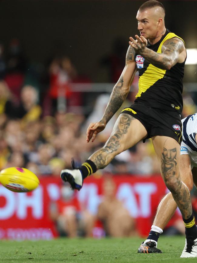 Dustin Martin kicks a third-quarter goal. Picture: Michael Klein