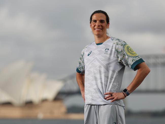 Lydia Williams models one of the Australian outfits for the Paris Olympics. Picture: Getty Images