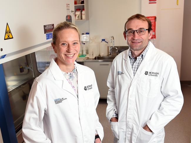 EMBARGO NETWORK FIRST USE ONLY- NETWORK NEWS PREMIUM CONTENT: NO THE AUSTRALIAN/NO NEWS.COM/NO SKY NEWSAustralian researchers have found 12 medicines already approved for use in treating other conditions that could quickly be adapted to fight Covid. Associate Professors (L-R) Natalie Trevaskis and Darren Creek in a lab at Monash University. Picture: Josie Hayden