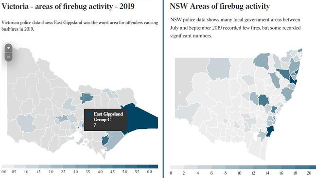 Maps showing areas of firebug activity in NSW and Victoria. Scroll further down to view interactive maps for both states.