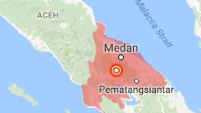A shallow earthquake has rattled Indonesia’s third-largest city Medan. Picture: US geological survey.