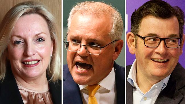 Australia Post CEO Christine Holgate (left), Prime Minister Scott Morrison (centre) and Victorian Premier Daniel Andrews. Pictures: File