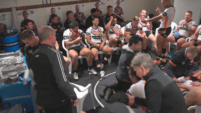 The Wests Tigers’ jubilant dressing room after their comeback win over Manly. Picture: Fox Sports