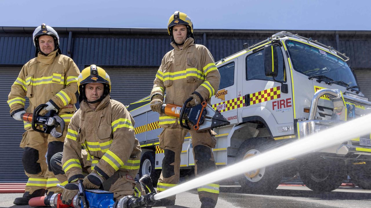 Volunteers Tristian Vasilunas, Sam Hakendorf and Andrew Hughes from the Beth CFS Headquarters with one of the trucks being rolled out for Christmas. Picture: Kelly Barnes