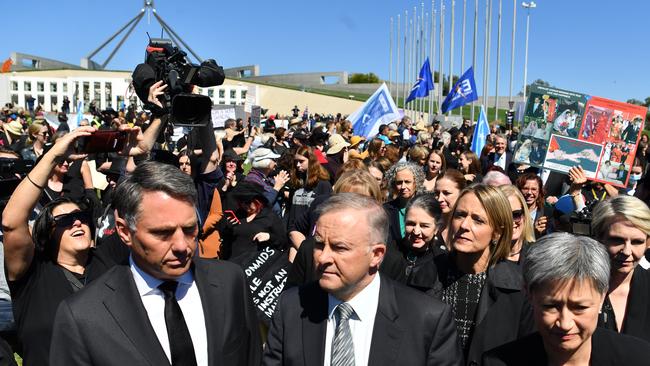 Richard Marles (left), Anthony Albanese (second left) with Senator Kristina Keneally and Senator Penny Wong (right) outside Parliament House on March 15, 2021 at a march against gendered violence. Picture: Getty Images