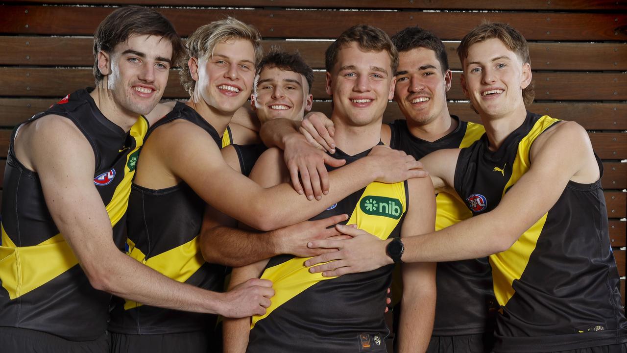 Richmond draftees Jonty Faull, Josh Smillie, Taj Hotton, Sam Lalor, Harry Armstrong and Luke Trainor. Picture: Michael Klein