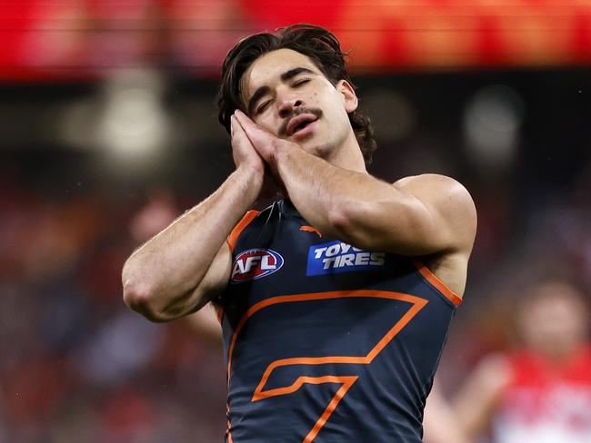 Giants Toby Bedford does his ÃsnoozeÃ goal celebration during the Sydney Derby XXVI AFL match between the GWS Giants and Sydney Swans  at Giants Stadium on August 5, 2023. Photo by Phil Hillyard(Image Supplied for Editorial Use only - **NO ON SALES** - Â©Phil Hillyard )