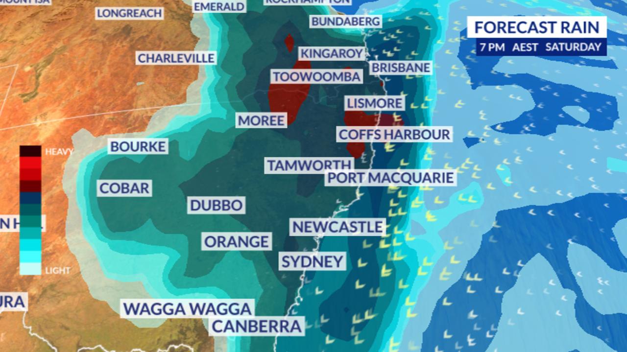 A ‘substantial rain event' is heading towards the east coast in time for the weekend. Picture: Sky News Weather.