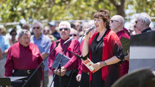 Sunshine Coast MP Fiona Simpson sings the national anthem at Remembrance Day commemorations at Cotton Tree on the Sunshine Coast. Photo Lachie Millard