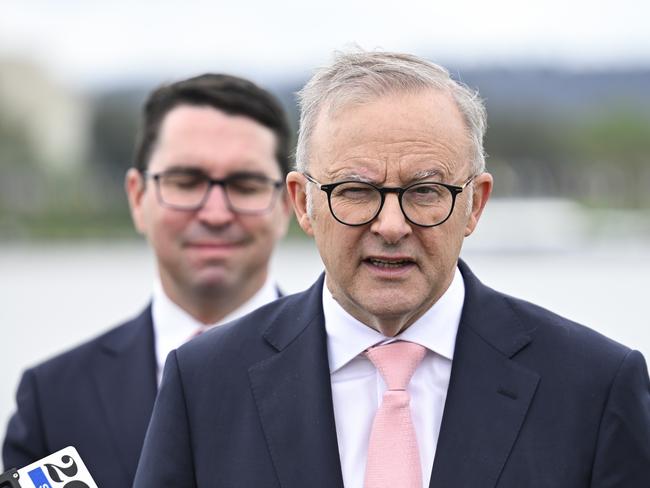 Prime Minister Anthony Albanese holds a press conference at the 2025 Australian of the Year Awards at the National Arboretum in Canberra. Picture: NewsWire / Martin Ollman