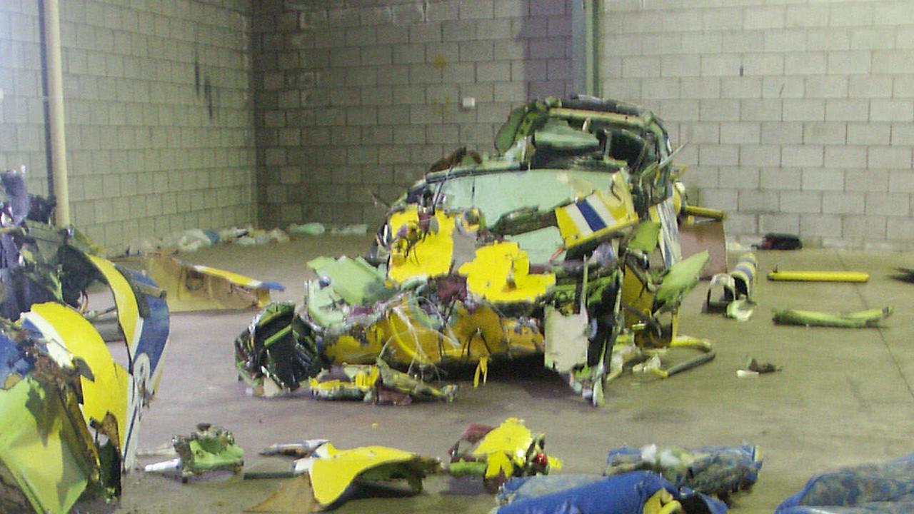 Wreckage of the Bell 407 Rescue helicopter crash which killed three crewmen off Mackay while on their way to Hamilton Island to pick up patient with a broken leg on 17 Oct 2003. Picture: Daryl Wright