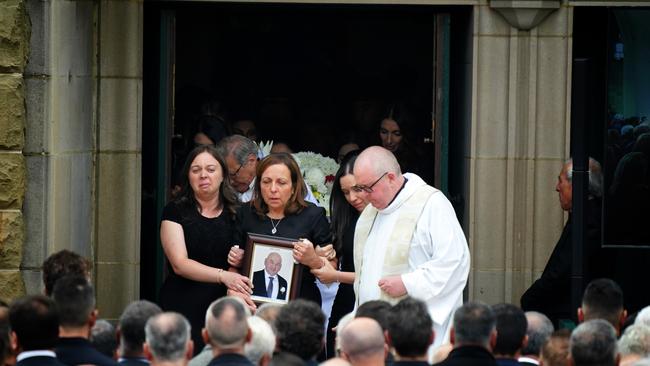 John Latorre’s family fought back tears as they left his funeral in Moonee Ponds on Saturday. Picture: NCA NewsWire