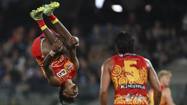 Lloyd Johnston of the Suns celebrates kicking a goal during the round 11 AFL match between Carlton Blues and Gold Coast Suns at Marvel Stadium, on May 25, 2024, in Melbourne, Australia. Picture: Daniel Pockett/Getty Images