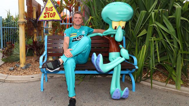 Jack Prestwidge poses with Squidward at Sea World during the BBL launch. Picture: Chris Hyde/Getty Images