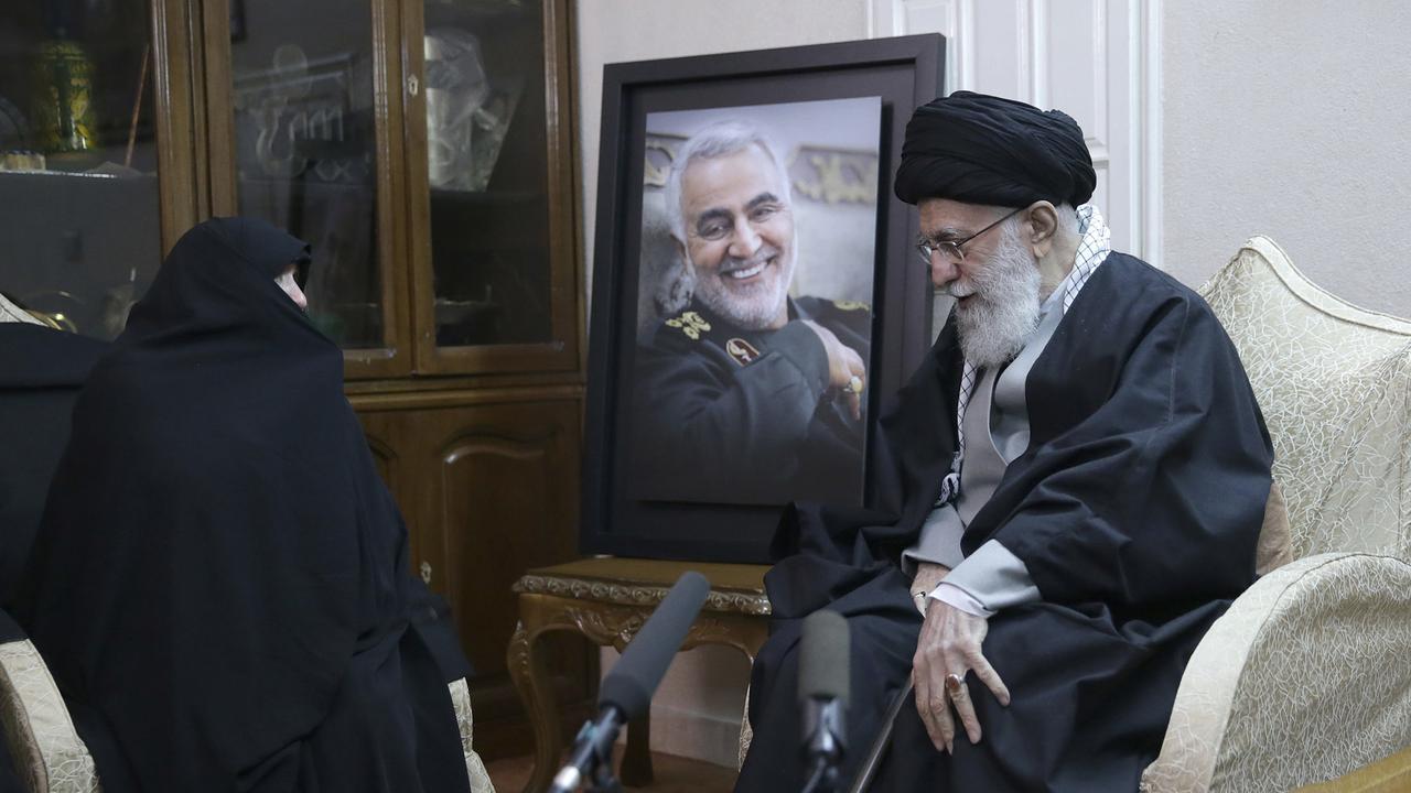 Iran’s Supreme Leader, Ayatollah Ali Khamenei, meets the family of Qassem Soleimani in Tehran. Picture: AP/Office of the Iranian Supreme Leader