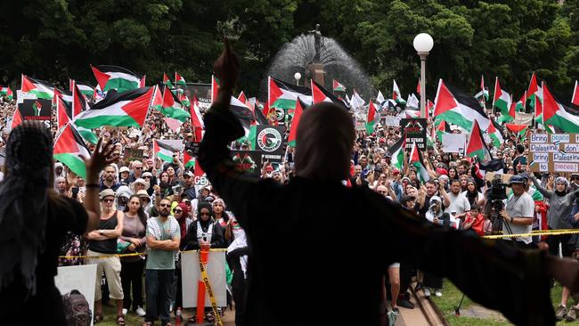 Assala Sayara talks to pro-Palestinian crowds gathered in Sydney’s Hyde Park to rally against the Israeli occupation of Gaza and ongoing war between the two nations. Picture: NCA NewsWire / Dylan Robinson