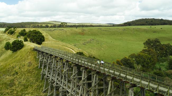 The Nimons trestle bridge is a charming inclusion on the Ballarat to Skipton Rail Trail. Picture: Visit Victoria