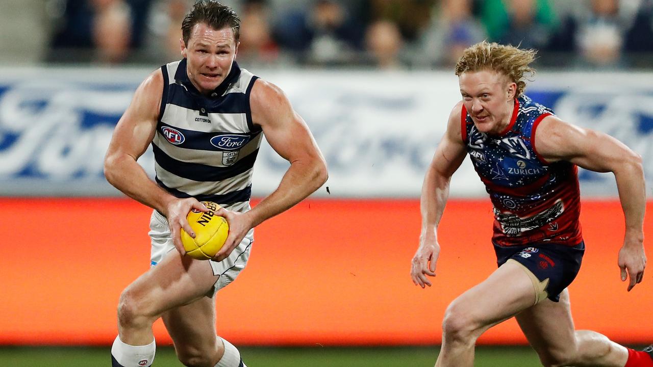 Patrick Dangerfield’s Cats got the better of fellow dominant midfielder Clayton Oliver and the Dees. Picture: AFL Photos/Getty Images